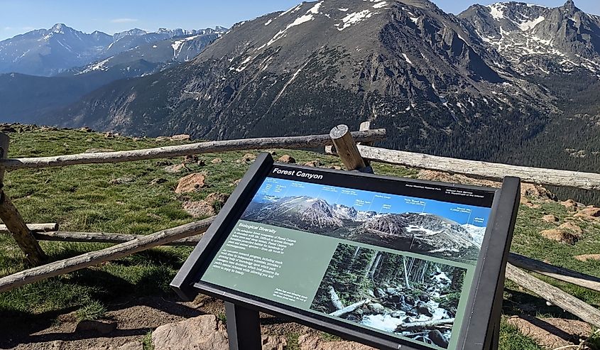 Educational exhibit at the Forest Canyon overlook by the Trail Ridge Road in Rocky Mountain National Park