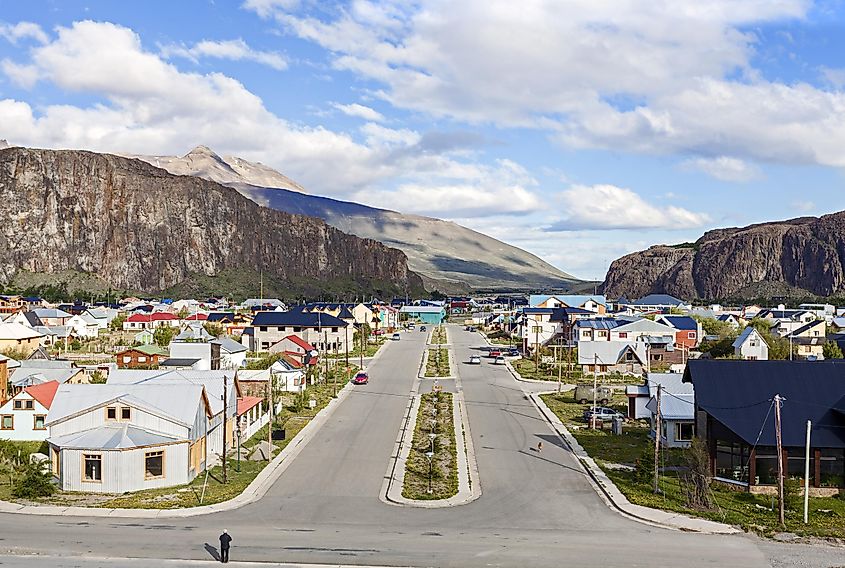 View of a street surrounded by mountains in El Chalten, Argentina.