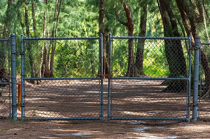 Closed and locked gate, chain link fence, blocking access to park nature trail