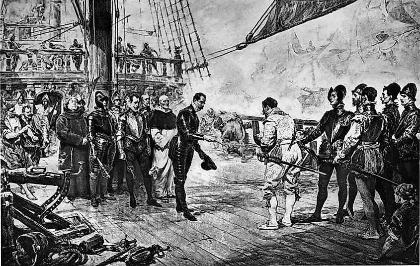 Drake taking the surrender of Admiral Pedro de Valdés on the Spanish galleon Nuestra Señora del Rosario