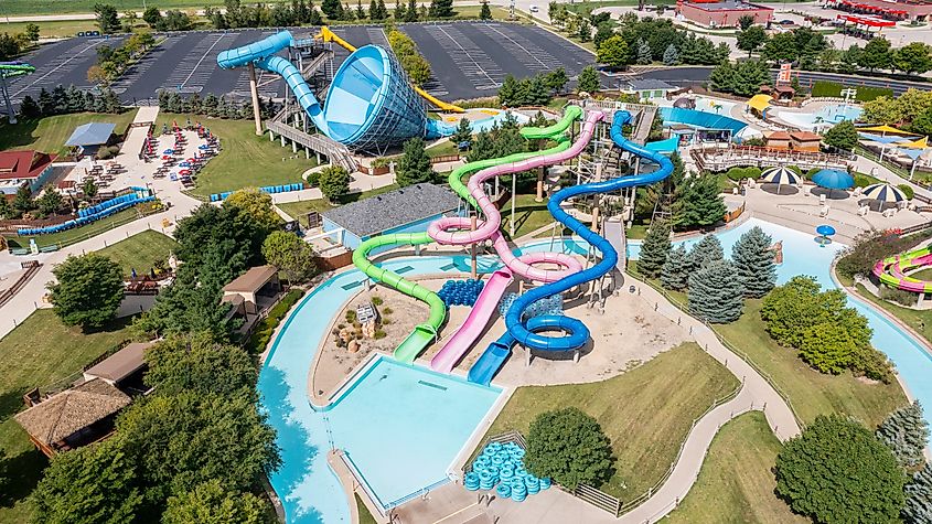 Raging Waves is Illinois' largest water park sitting on 58 acres with water slides, a lazy river, stage, and food.