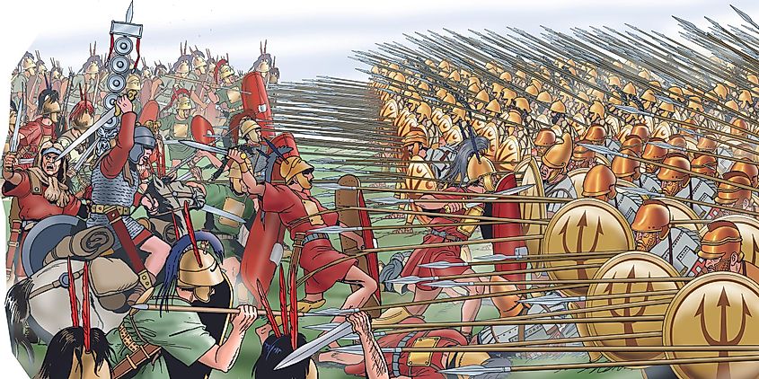 An illustration showing Ancient Roman and Greek soldiers in battle.
