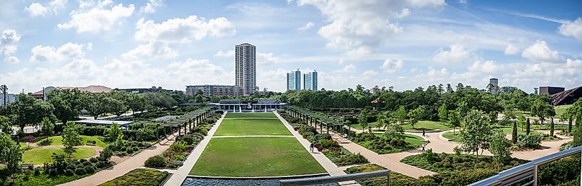 A panoramic view of the McGovern Centennial Gardens from the Mount looking toward the Cherie Flores Garden Pavilion in Hermann Park