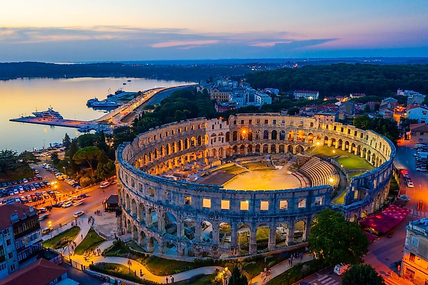 Sunset aerial view of Roman amphitheatre in Pula, Croatia (Credit: trabantos via Shutterstock)