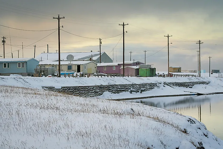 Coastline homes along the lagoon in Kaktovik, Alaska