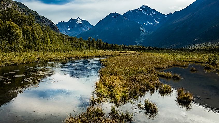 Mountains and valley terrain in Chugach State Park near Anchorage, Alaska.