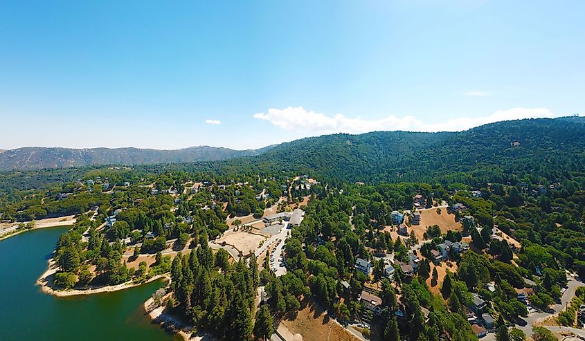 Beautiful aerial panoramic landscape of Lake Gregory, at Crestline, California.