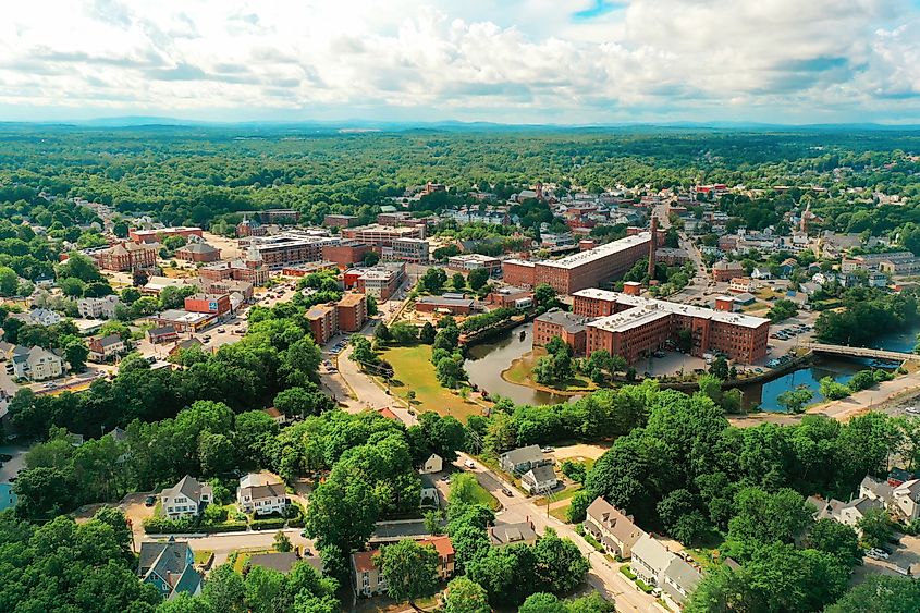 Aerial Drone Photography Of The Downtown Streets Of Dover, (New Hampshire) In The Summer.