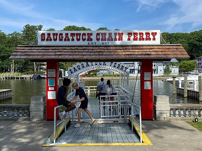 Staff working the dock for Saugatuck's historic chain ferry. 
