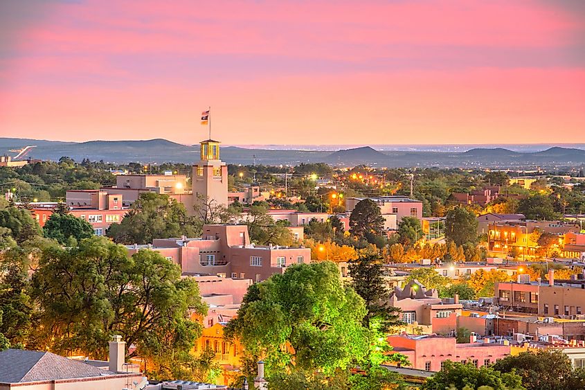 Santa Fe, New Mexico, downtown skyline at dusk