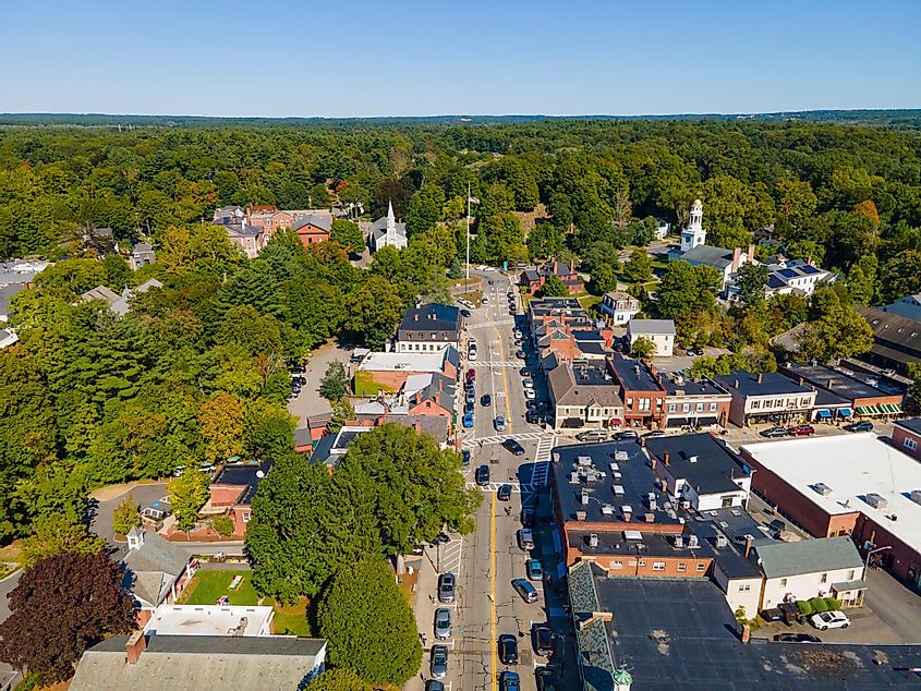 Aerial view of the historic town center of Concord, Massachusetts, USA, in summer along Main Street.