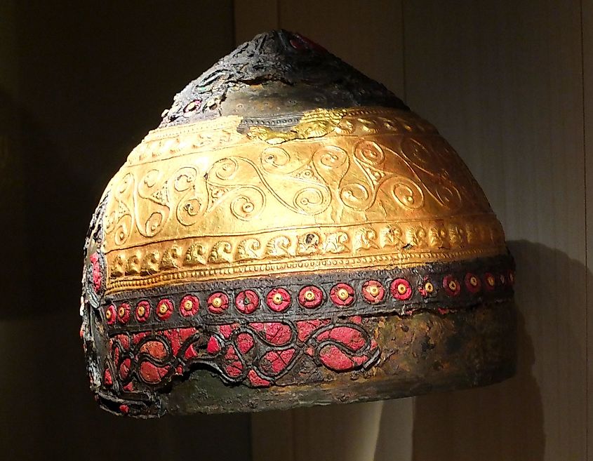 Celtic helmet decorated with gold "triskeles", found in Amfreville-sous-les-Monts, France, 400 BC