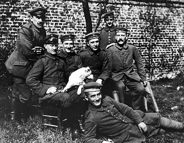 Hitler (far right, seated) with his army comrades of the Bavarian Reserve Infantry Regiment 16 (c. 1914–18)