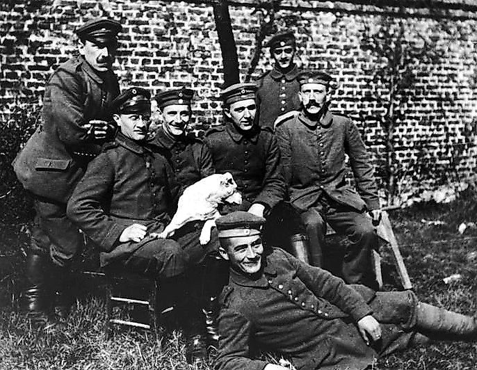 Hitler (far right, seated) with his army comrades of the Bavarian Reserve Infantry Regiment 16 (c. 1914–18)