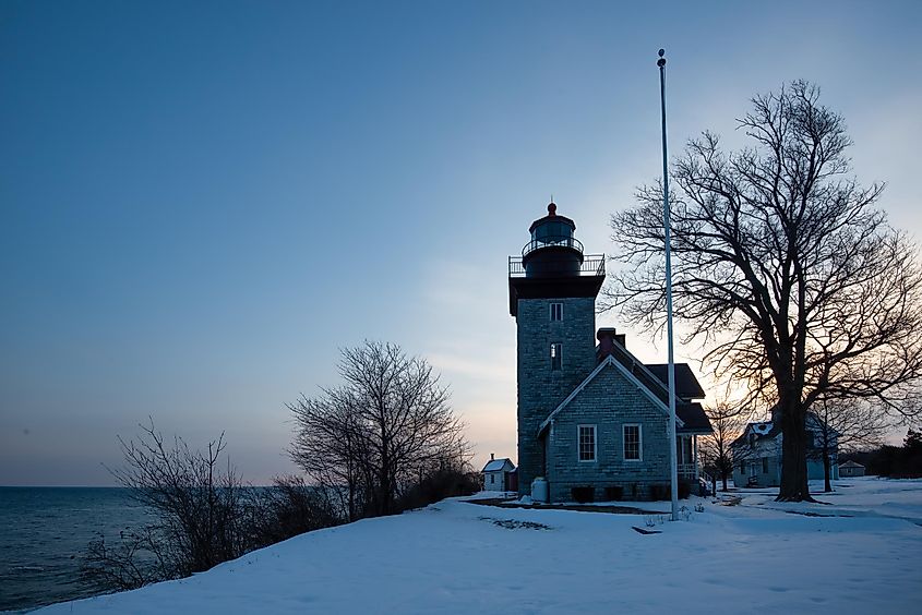 The Thirty Mile Point Lighthouse sits on Lake Ontario near Olcott, New York.