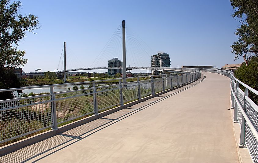 Walking onto the Bob Kerrey Pedestrian Bridge from the Iowa side.
