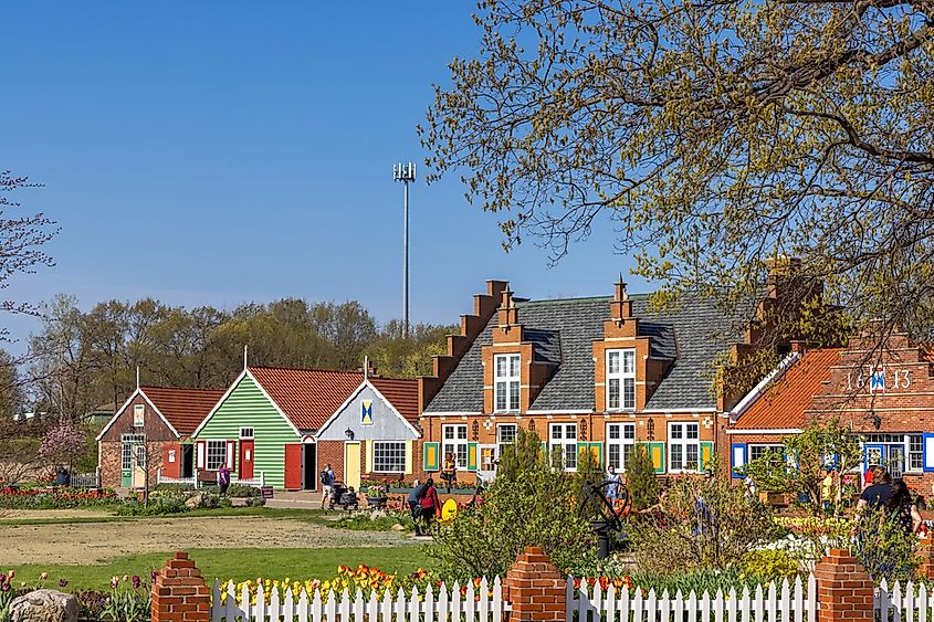 Holland, Michigan - May 2, 2016: Dutch style architecture shops at Windmill Island in Holland, Michigan