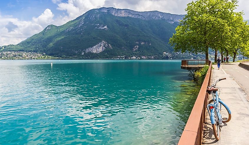 Bicycle on the boulevard along Lake Annecy, France.