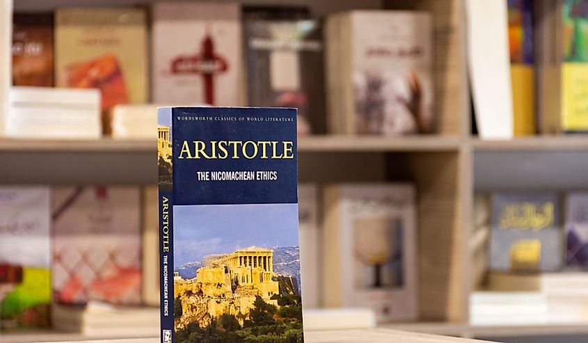 Close up Aristotle's The Nicomachean Ethics book in the bookshop.