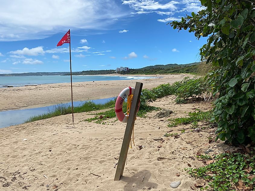 A red flag and lifeguard ring stand before a wild and empty beach.