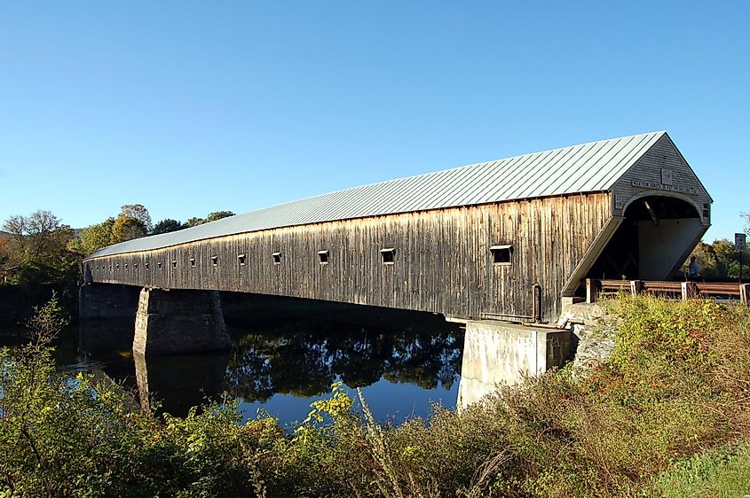 The Cornish-Windsor Covered Bridge spans the Connecticut River and connects the towns of Cornish, NH, and Windsor, VT.