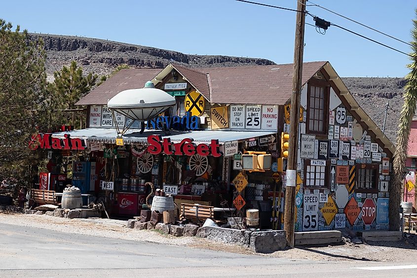 Goldfield, Nevada: house covered in road signs.