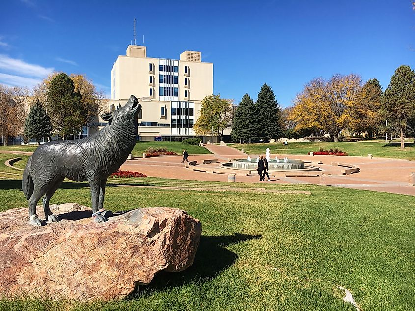 Library building and campus with students at Colorado State University, Pueblo, Colorado. 