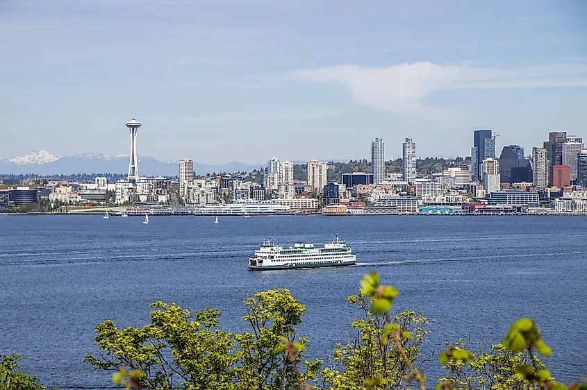 View of the Space Needle in Seattle downtown from across the Puget Sound