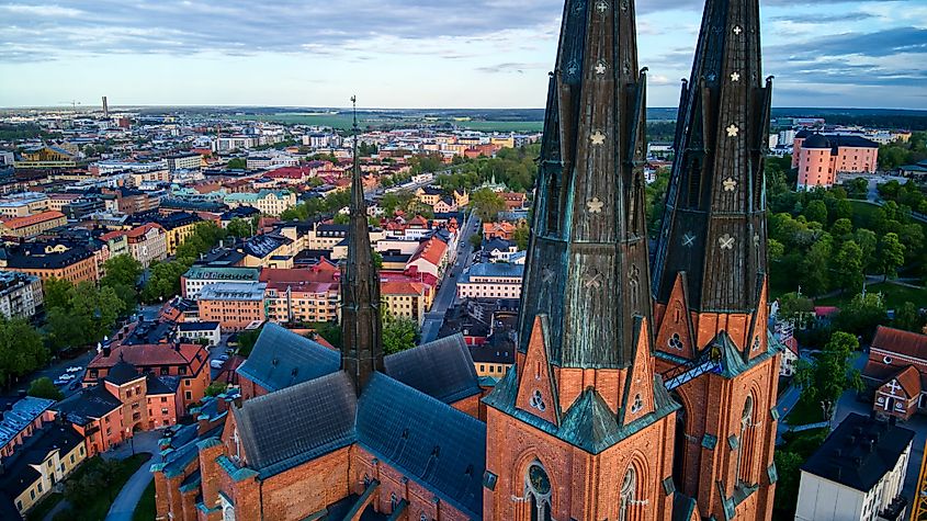 Aerial view of Uppsala Cathedral and the surrounding cityscape in Uppsala, Sweden.