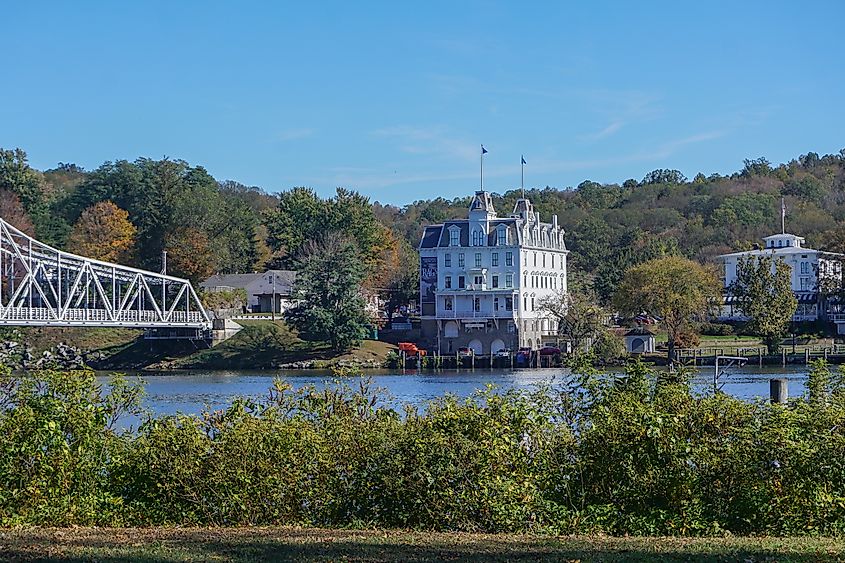 The Goodspeed Opera House with the East Haddam Bridge over the Connecticut River in East Haddam, Connecticut.