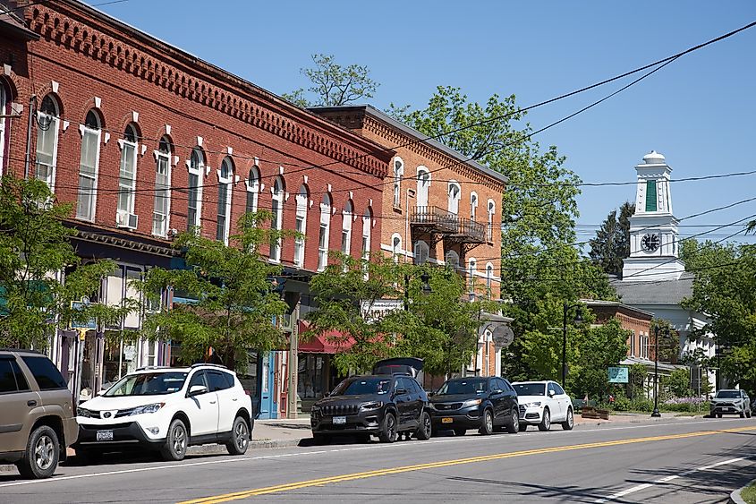 Rustic brick buildings on Main Street in the town of Trumansburg, New York.
