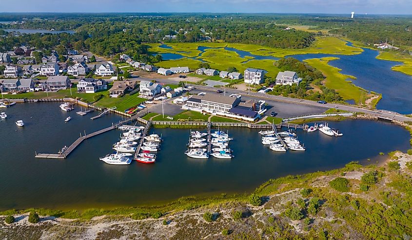 Aerial view of West Dennis Yacht Club on Bass River mouth near West Dennis Beach in town of Dennis, Massachusetts