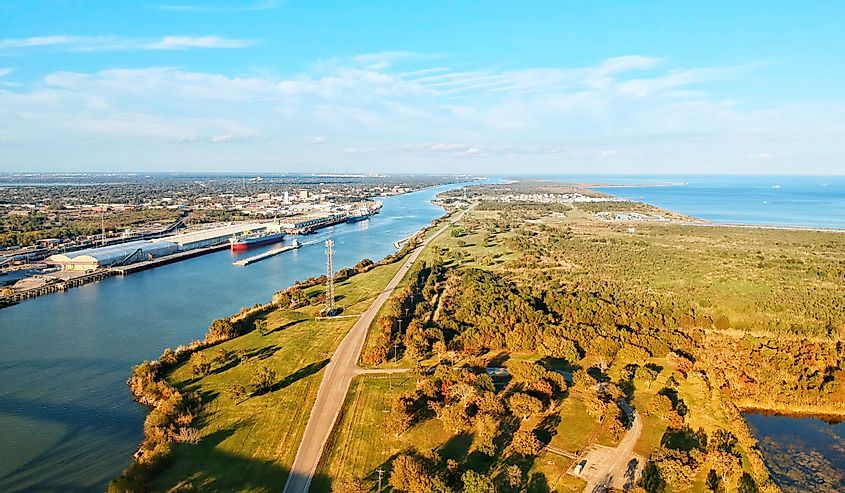 Aerial view of Port Arthur Texas Ship Chanel, viewing east.
