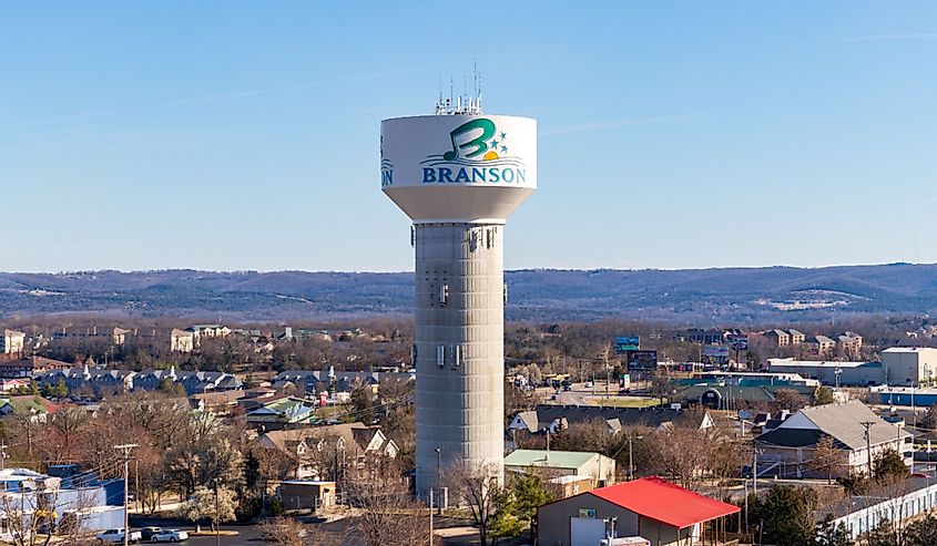Branson, MO water tower near the entertainment strip of Branson, a popular tourist destination.