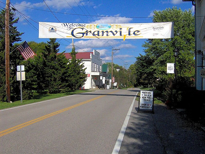 Clover Street in Granville, Tennessee with Welcome to Granville town sign.