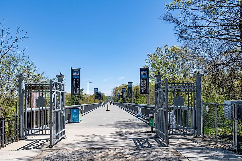 View of the entrance gate for the 1.28 miles Walkway Over The Hudson State Historic Park Bridge in Poughkeepsie, New York