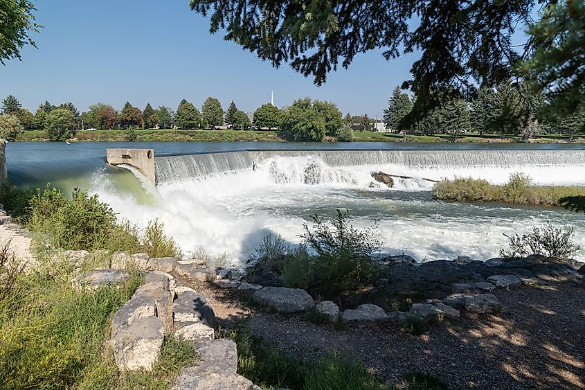 View from the Idaho Falls Riverwalk area in Idaho.