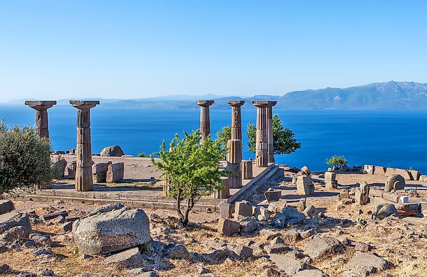 Antique columns off the coast of the Aegean Sea. Troy. Turkey