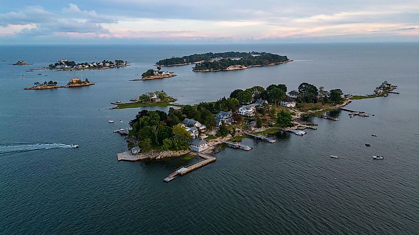 An aerial shot of the Thimble Islands in Branford, Connecticut