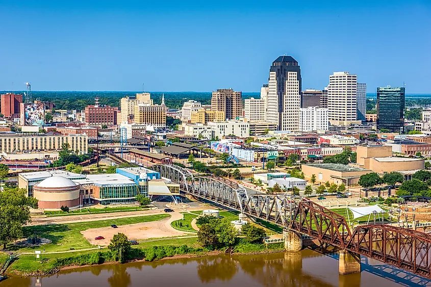 Shreveport, Louisiana, downtown skyline over the Red River.