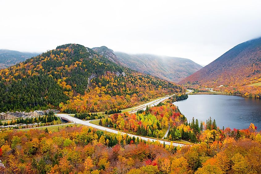 Franconia Notch and Echo Lake, New Hampshire in autumn.