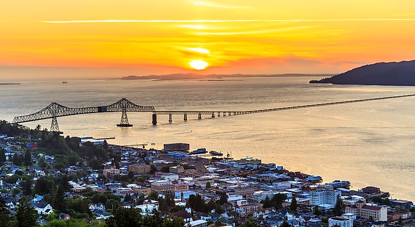 The gorgeous view of Astoria, Oregon, on the shores of the Columbia River.