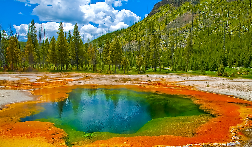 Deep green blue geyser pool in yellowstone national park