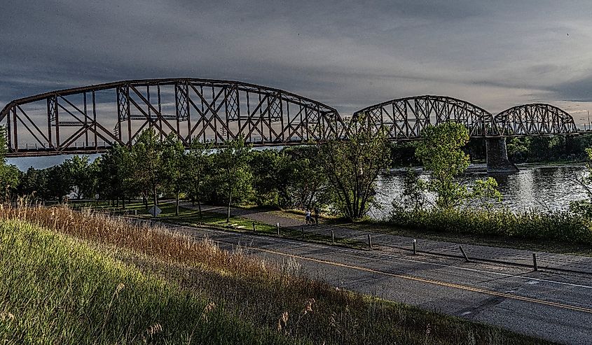 BNSF rail bridge across Missouri River near Bismarck North Dakota