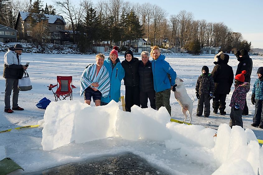 Ice swimmers in Kempenfelt Bay and Lake Simcoe in Barrie, Ontario, Canada