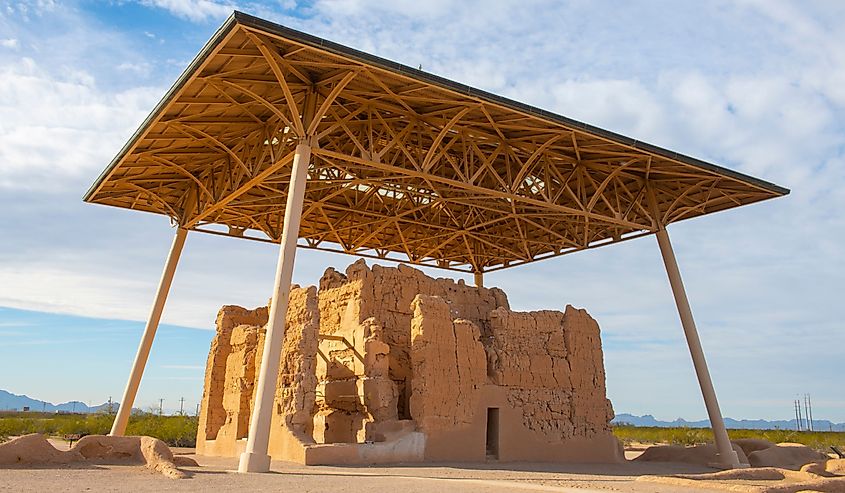 Casa Grande Ruins National Monument is a historic ruin built by Hohokam people in 13th century in Coolidge, Arizona AZ, USA. Casa Grande means Big House.