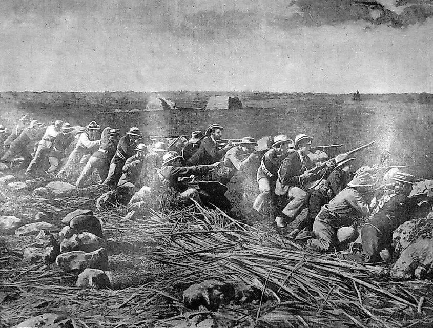 Boer soldiers fighting from shallow trenches at the Seige of Mafikeng. 