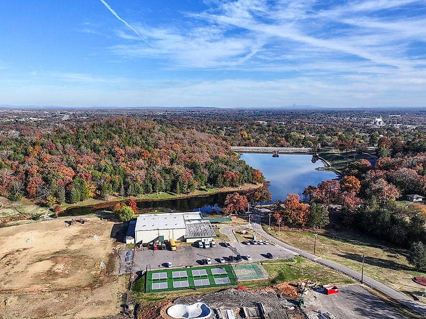 Aerial view of Van Buren City Park with beautiful fall foliage in Van Buren, Arkansas.