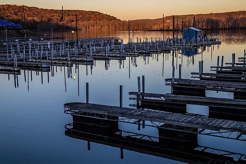 Beautiful sunset light on the Wolf Marine in Stillwater, Minnesota in winter