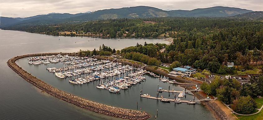 Aerial View of John Wayne Marina, Sequim, Washington. 